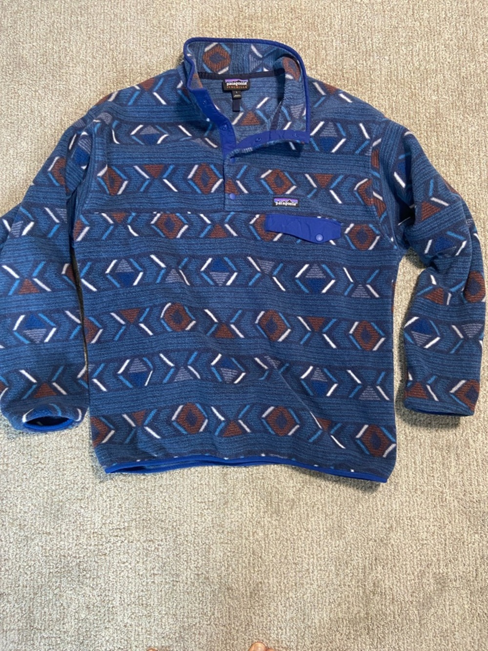 Patagonia Blue Geometric Fleece Pullover with Brown Accents